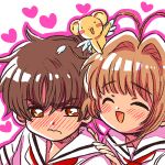  1girl 3: :d ^_^ animal_on_head blush brown_eyes brown_hair card_captor_sakura cardcaptor_sakura child closed_eyes eyes_closed kero kinomoto_sakura li_xiaolang lowres male open_mouth pekoperi school_uniform serafuku short_hair smile 