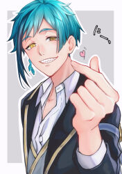  1boy blue_hair brown_eyes commentary_request finger_heart floyd_leech grey_background grin heart heterochromia highres looking_at_viewer male_focus night_raven_college_school_uniform pear_(user_pwys8872) school_uniform sharp_teeth short_hair simple_background smile solo teeth translation_request twisted_wonderland upper_body yellow_eyes 