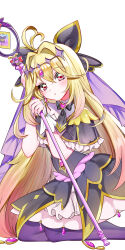  1girl absurdres antenna_hair black_bow black_bowtie black_capelet black_dress black_thighhighs blonde_hair bow bowtie brooch capelet coco.a. commentary cure_arcana_shadow diamond_hairband dress earrings frilled_capelet frilled_cuffs frilled_dress frills full_body gradient_hair hair_bow hair_intakes heart heart_brooch highres holding holding_staff jewelry kneeling layered_dress long_hair looking_at_viewer magical_girl medium_dress meitantei_precure! moria_luluka multicolored_hair parted_lips pink_eyes precure purple_veil simple_background solo staff tear_arcana_rod thigh-highs veil very_long_hair white_background 