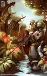  absurdres blue_sky camouflage flower forest gun highres jungle looking_at_viewer male martin_houlden nature overgrown phantasy_star phantasy_star_online racast rifle robot ruins signature sky solo standing stream tree water weapon 