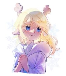  1girl absurdres animal_ears antlers blonde_hair blue_eyes buck_teeth closed_mouth commentary_request cropped_torso deer_antlers deer_ears deer_girl deltarune furry furry_female highres horns korean_commentary long_hair long_sleeves looking_afar lovelykirby_125 noelle_holiday own_hands_together portrait signature simple_background snowflake_background snowflakes solo teeth utdr_(toby_fox) white_background wind 