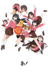  6+girls :d ^_^ absurdres arm_up arms_up azumanga_daioh black_hair brown_hair brown_shoes brown_skirt closed_eyes copyright_logo copyright_name dark-skinned_female dark_skin full_body glasses highres kagura_(azumanga_daioh) kaori_(azumanga_daioh) kasuga_ayumu loafers logo long_hair looking_at_viewer mihama_chiyo mihama_chiyo's_father mizuhara_koyomi moon_(yfsp7823) multiple_girls opaque_glasses pink_serafuku pink_shirt pleated_skirt rectangular_eyewear sailor_collar sakaki_(azumanga_daioh) school_uniform serafuku shirt shoes short_twintails simple_background skirt smile socks takino_tomo thighs twintails upshirt white_background white_socks 