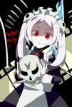  apron bloody_marie_(skullgirls) brooch jewelry maid red_eyes silver_hair skull skullgirls smile twintails 