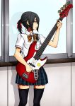  bass_guitar black_eyes black_hair black_legwear bowtie highres instrument joy_(joy-max) open_mouth original plaid plaid_skirt pleated_skirt ponytail school_uniform skirt solo thigh-highs thighhighs zettai_ryouiki 