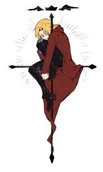  1boy ahoge automail black_pants blonde_hair coat edward_elric flamel_symbol fullmetal_alchemist hand_on_own_knee highres knee_up long_hair male_focus pants prosthesis prosthetic_arm red_coat simple_background sitting solo white_background yeknnnnn yellow_eyes 