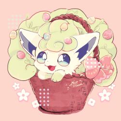  :d alolan_vulpix alternate_color alternate_shiny_pokemon animal_focus banchiku basket blue_eyes bow bright_pupils easter_egg egg fox green_fur highres looking_at_viewer no_humans open_mouth pink_background pink_bow pokemon pokemon_(creature) pokemon_focus simple_background sitting smile solo two-tone_fur upper_body white_fur white_pupils 
