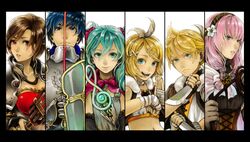  4girls aqua_eyes aqua_hair armor bandage bandages blonde_hair blue_eyes blue_hair brown_hair choker column_lineup corset hair_ornament hair_ribbon hairband hairclip hatsune_miku kagamine_len kagamine_rin kaito knife megurine_luka meiko multiple_boys multiple_girls pink_hair red_eyes ribbon shield short_hair vocaloid 