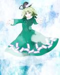  dress ghost ghost_tail green_dress green_eyes green_hair hakaisin-k hat highres long_sleeves multiple_tails open_mouth outstretched_arms short_hair soga_no_tojiko solo tail tate_eboshi touhou 