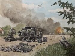  4boys aircraft airplane anti-tank_gun atelier_bono blue_sky bomber building clouds combat_helmet commentary_request fire grass grey_jacket grey_pants helmet highres jacket ju_87 military_combat_uniform military_truck military_uniform military_vehicle motor_vehicle multiple_boys original painting_(medium) pants sky smoke stahlhelm traditional_media truck watercolor_(medium) wehrmacht world_war_ii 