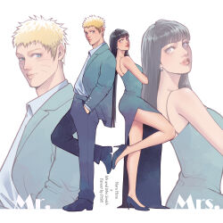  1boy 1girl absurdres black_hair blonde_hair commentary couple dress english_commentary facial_mark highres husband_and_wife hyuuga_hinata long_hair naruto_(series) pt98loveart short_hair suit uzumaki_naruto whisker_markings 