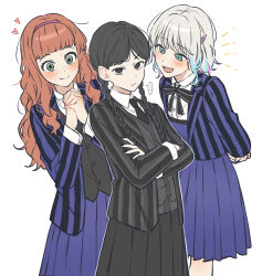  3girls absurdres agnes_demille aqua_eyes black_bow black_bowtie black_eyes black_hair black_jacket black_nails black_necktie bow bowtie brown_hair character_request commentary crossed_arms empty_eyes enid_sinclair freckles green_eyes grey_hair hair_ornament hairband hairclip heart highres jacket long_skirt moonbell multiple_girls nail_polish necktie own_hands_clasped own_hands_together pink_hairband pleated_skirt purple_jacket purple_skirt skirt striped_clothes striped_jacket the_addams_family vertical-striped_clothes vertical-striped_jacket wednesday_(netflix) wednesday_addams 