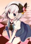  ascot blue_eyes blush bow checkered checkered_floor hair_ornament hairband hetaling konpaku_youmu looking_at_viewer shin_(hetaling) short_hair silver_hair solo touhou 