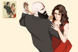 1boy 1girl bald beard bodypaint braid braided_beard bugak1109 commentary_request couple dress facial_hair freya_(god_of_war) full_beard god_of_war god_of_war_ragnarok highres korean_commentary kratos_(god_of_war) mature_female mature_male suit 