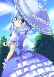  adapted_costume bad_id blue_dress blue_eyes blue_hair blue_sky bow cirno cloud clouds dress frills from_behind fujisaki_kaon hair_bow light_smile looking_back parasol short_hair sky solo touhou tree umbrella wings wrist_cuffs 