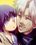  1girl cheek_press cheek_rub child dress empty_eyes fate/zero fate_(series) grey_hair hair_ribbon matou_kariya matou_sakura purple_eyes purple_hair ribbon short_hair uncle_and_niece violet_eyes yan'yo_(yan'yan'yo) yanyo young 