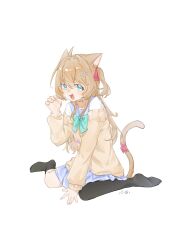 1girl :3 animal_ears asymmetrical_legwear black_socks black_thighhighs blue_eyes blue_sailor_collar bow bowtie brown_hair cardigan cat_ears cat_girl cat_tail commentary_request hair_between_eyes hair_ornament hair_ribbon heart heart_hair_ornament highres kneeling lingmiaoooii long_hair long_sleeves looking_at_viewer neuro-sama open_mouth red_ribbon ribbon sailor_collar single_sock single_thighhigh skirt smile socks solo tail tail_ornament tail_ribbon thigh-highs two_side_up vedal_ai virtual_youtuber vtuber white_background yellow_cardigan