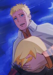  2boys absurdres black_jacket blonde_hair blue_eyes boruto:_naruto_next_generations boruto_(series) cape collared_cape crescent_moon facial_mark father_and_child father_and_son highres jacket male_focus moon multiple_boys naruto_(series) open_mouth orange_jacket parent_and_child tearing_up uzumaki_boruto uzumaki_naruto wahyuu_draww whisker_markings white_cape 