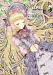  blonde_hair bonnet bow bowtie closed_eyes cover cover_page eyelashes eyes_closed flower flower_field gosick hands_clasped hime_cut lace lolita_fashion long_hair long_sleeves lying msrose-t parted_lips petals pink_rose rose sleeping victorian victorica_de_blois 