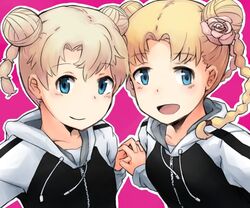  :d blonde_hair blue_eyes double_bun futenesira gruier_serenity grunhilde_serenity hand_holding holding_hands hoodie miniskirt_pirates multiple_girls open_mouth short_twintails siblings sisters smile twintails 