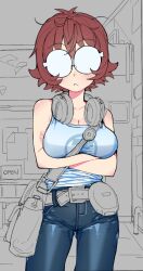 1girl bag belt blush breasts cd_player closed_mouth collarbone commentary cowboy_shot crossed_arms denim english_commentary glasses headphones headphones_around_neck jeans julia_(slammo) messy_hair opaque_glasses open_sign original outdoors pants partially_colored red_hair round_eyewear shirt short_hair shoulder_bag slammo sleeveless sleeveless_shirt solo standing unfinished 