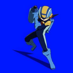  1boy arm_cannon blue_background blue_helmet full_body green_eyes helmet highres male_focus mega_man_(series) mega_man_battle_network_(series) megaman.exe netnavi noro_zt simple_background solo weapon 