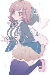  1girl absurdres animal_bag backpack bag black_thighhighs breasts brown_hair cat_bag collared_shirt commentary_request danganronpa_(series) danganronpa_2:_goodbye_despair dress_shirt flipped_hair hair_ornament highres hood jacket long_sleeves looking_at_viewer medium_hair nanami_chiaki neck_ribbon nekojiri open_clothes open_jacket pink_eyes pink_ribbon pink_shoes pleated_skirt ribbon shirt shoes simple_background skirt smile solo thigh-highs two-tone_shirt white_background white_shirt 