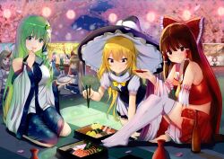  >:) 6+girls :d :q ^_^ adapted_costume alcohol all_fours ascot bare_shoulders bento black_vest blanket blonde_hair blunt_bangs blush bow bowtie breasts brown_hair cherry_blossoms chopsticks closed_eyes closed_mouth collared_shirt commentary_request cup demon_girl demon_horns detached_sleeves drooling drunk eyes_visible_through_hair falling_petals floral_print floral_print_skirt food_stand frilled_hair_tubes frilled_sleeves frills frog_hair_ornament fujiwara_no_mokou full_body green_eyes green_hair hair_between_eyes hair_ornament hair_tubes hakurei_reimu hanami hand_up holding holding_cup horns hoshiguma_yuugi ibuki_suika kirisame_marisa knees_up kochiya_sanae konpaku_youmu large_breasts leaf_print leaning_forward long_hair long_sleeves looking_at_food looking_at_viewer maple_leaf_print midriff miniskirt mouth_drool mugicho_(kdks5554) multiple_girls mystia_lorelei night no_shoes nontraditional_miko nose_blush on_blanket oni open_mouth outdoors petals pink_hair pleated_skirt print_skirt puffy_short_sleeves puffy_sleeves red_bow red_bowtie red_shirt red_skirt ribbon-trimmed_sleeves ribbon_trim saigyouji_yuyuko sakazuki sake shirt short_sleeves sidelocks sitting skirt sleeveless sleeveless_shirt smile snake_hair_ornament split_mouth spring_(season) standing straight_hair tareme thigh-highs tongue tongue_out touhou tsurime v-shaped_eyebrows very_long_hair vest white_shirt white_skirt white_thighhighs wide_sleeves yellow_ascot yellow_bow yellow_bowtie yellow_eyes yokozuwari zettai_ryouiki 