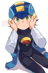  1boy bad_id bad_twitter_id black_bodysuit black_hair blue_helmet blush bodysuit closed_mouth disembodied_hand green_eyes hands_on_another's_cheeks hands_on_another's_face helmet highres looking_at_viewer male_focus mega_man_(series) mega_man_battle_network_(series) megaman.exe netnavi pov pov_hands shadow short_hair simple_background sitting solo_focus spiky_hair tok_nuts watermark white_background 