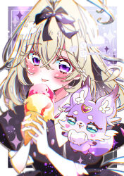  1girl absurdres antenna_hair artist_name black_background black_capelet black_dress black_ribbon blurry capelet commentary dress grey_hair hair_intakes hair_ribbon highres holding holding_ice_cream_cone ice_cream_cone jewelry licking light_particles looking_at_viewer mashu-tan medium_hair meitantei_precure! moria_luluka necklace open_mouth pixiv_logo pixiv_username potacure precure ribbon signature smile solo sparkle twitter_username twitter_x_logo upper_body violet_eyes 