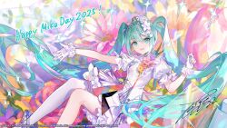  1girl 2025 aqua_eyes aqua_hair commentary_request company_name copyright_notice dress flower fuzichoco gloves guest_art hair_flower hair_ornament hatsune_miku highres long_hair looking_at_viewer miku_day official_alternate_costume official_art pink_flower prismatic_blossom_(project_sekai) project_sekai puffy_short_sleeves puffy_sleeves second-party_source short_sleeves signature single_thighhigh solo thigh-highs twintails very_long_hair vocaloid web_address white_dress white_flower white_gloves white_thighhighs yellow_flower 