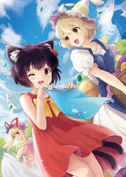  alternate_costume animal_ears apron bare_shoulders blonde_hair blue_sky blush bow breasts brown_eyes brown_hair cat_ears cat_tail chen cloth clothesline cloud clouds flower fox_tail hair_flower hair_ornament highres long_hair looking_at_viewer looking_back multiple_girls no_hat no_headwear occhan_(artist) open_mouth red_eyes short_hair sideboob sky tail touhou wink yakumo_ran yakumo_yukari 