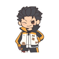 >:) 1boy bandages black_hair black_pants black_shirt blood blood_on_bandages blush blush_stickers brown_eyes commentary_request cowboy_shot hair_slicked_back hand_on_own_hip high_collar jacket long_sleeves looking_at_viewer male_focus multicolored_jacket natsuki_subaru one_eye_closed pants re:zero_kara_hajimeru_isekai_seikatsu rizu_(rizunm) shirt short_hair simple_background smile solo stained_clothes straight-on track_jacket track_suit twitter_username v-shaped_eyebrows white_background zipper 