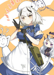  1boy 2girls apron armband bag black_gloves blue_archive blue_dress braid commentary_request demon_girl demon_horns doodle_sensei_(blue_archive) dress gloves green_bag grey_hair grey_halo half_up_braid halo hat highres hina_(blue_archive) horns long_hair looking_at_viewer medium_hair melozr multiple_girls nurse nurse_cap puffy_short_sleeves puffy_sleeves sena_(blue_archive) sensei_(blue_archive) short_sleeves shoulder_bag violet_eyes waist_apron white_apron white_armband white_hair yellow_background yellow_eyes 