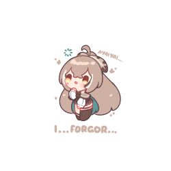  1girl absurdres ahoge blush brown_hair chibi chibi_only commentary crossed_bangs decrilus double-parted_bangs feather_hair_ornament feathers full_body hair_ornament hand_up highres hololive hololive_english i_forgor_(meme) loading_icon long_hair meme nanashi_mumei open_mouth simple_background solo standing virtual_youtuber white_background 