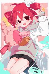  1girl alternate_costume black_shoes black_shorts bow bread cityscape coat dot_nose double-parted_bangs drill_hair food food_print full_body grey_hoodie hair_between_eyes hair_bow highres hood hood_down hoodie index_finger_raised jumping kasane_teto kasane_teto_(sv) lab_coat looking_at_viewer open_mouth red_eyes red_hair science_(synthesizer_v) shigure_(rinky_creater) shoes shorts simple_background solo sparkle striped_blush stuffed_animal stuffed_rabbit stuffed_toy twin_drills utau vial white_bow white_coat 