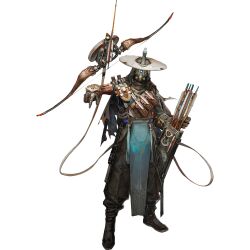  1boy aqua_eyes arknights arrow_(projectile) baggy_pants belt_pouch black_boots black_cape black_pants black_robe boots bow cape chest_belt full_body glowing glowing_eyes hat highres holding holding_arrow hood hooded_cape ju_(arknights) looking_at_viewer male_focus mask official_art one-eyed pants pelvic_curtain pointing pouch qiumoyixing quiver robe robot scope simple_background single_sleeve solo standing tachi-e tassel third-party_source torn_cape torn_clothes transparent_background white_hat wide_brim 