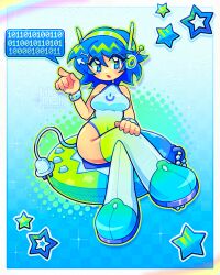  1girl binary blue_eyes blue_hair electric_plug electric_plug_tail highres inky_trash microsoft_windows personification rainbow sitting solo speech_bubble star_(sky) tail tamagotchi_(virtual_pet) virtual_pet_(toy) windows_logo windows_xp 