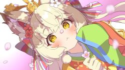  1girl animal_ear_fluff animal_ears animal_hands artist_request blonde_hair blush commentary_request flower green_kimono hair_flower hair_ornament hair_ribbon holding holding_flower japanese_clothes kimono long_hair monster_musume_td multicolored_kimono multicolored_ribbon muzzle_(monmusu_td) official_alternate_costume official_art petals pink_background red_kimono red_ribbon ribbon solo upper_body white_kimono white_ribbon yellow_eyes 