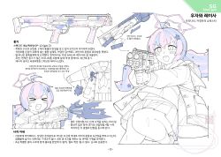  1girl absurdres ahoge aiming ammunition black_neckerchief blue_archive blue_hair commentary flukhan grey_skirt gun hair_ornament halo highres holding holding_gun holding_weapon information_sheet korean_text long_sleeves multicolored_hair multiple_views neckerchief open_mouth pink_hair pink_halo reference_inset reisa_(blue_archive) reloading shotgun shotgun_shell simple_background skirt solo standard_manufacturing_dp-12 star_(symbol) star_hair_ornament star_halo translation_request two-tone_hair weapon weapon_focus white_background 