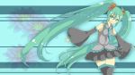  amoshigi detached_sleeves floral_background flower frills green_eyes green_hair hair_flower hair_ornament hatsune_miku highres long_hair pleated_skirt skirt solo twintails very_long_hair vocaloid 