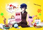  bad_food birthday black_eyes blue_hair cabbie_hat cake crossdressinging doujima_nanako food gift hat kuma_(persona_4) machinosuke narukami_yuu persona persona_4 reverse_trap school_uniform shirogane_naoto short_hair stuffed_animal stuffed_bunny stuffed_toy tomboy 