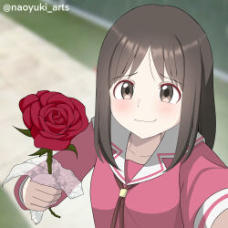  1girl absurdres artist_name azumanga_daioh azumanga_daioh's_school_uniform brown_eyes brown_hair commentary_request flower furrowed_brow highres holding holding_flower kasuga_ayumu long_hair long_sleeves looking_at_viewer naoyuki_arts parted_bangs photo-referenced pink_serafuku pink_shirt rose sailor_collar school_uniform serafuku shirt smile solo twitter_username winter_uniform 