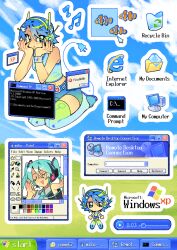  2girls artist_name bliss_(image) blue_sky chibi clouds cloudy_sky clownfish copyright_logo cursor cursor_hair_ornament fish frutiger_aero hatsune_miku highres internet_explorer logo merchandise_available microsoft_windows multiple_girls musical_note namw67 personification recycle_bin sky sticker_(medium) vocaloid window_(computing) windows_logo windows_xp 