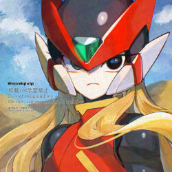  1boy black_bodysuit black_eyes blue_sky bodysuit closed_mouth clouds commentary_request desert floating_hair frown gem green_gem headgear helmet long_hair male_focus mega_man_(series) mega_man_zero_(series) outdoors sky solo standing watermark yamanashi_taiki zero(z)_(mega_man) zero_(mega_man) 