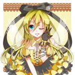  blonde_hair blue_eyes bow bracelet frills gloves grin hair_bow highres jewelry lily_(vocaloid) long_hair looking_at_viewer nou smile solo vocaloid wink 