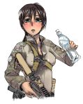  ammunition assault_rifle blush bottle breasts brown_hair cleavage didloaded erect_nipples green_eyes gun m4_carbine military military_uniform operator original rifle strap sweat trigger_discipline uniform water weapon 