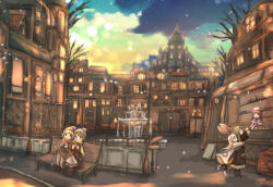  5girls animal_ears brown_shoes building cat_ears cat_girl cat_tail chipie_0114 coat commentary_request drink fountain from_behind green_eyes green_hair happy hat highres hot_chocolate hug leggings long_coat multiple_girls original pom_pom_(clothes) rabbit_ears rabbit_girl rabbit_tail scarf shoes sitting sky smile snow standing tail town water white_shoes 