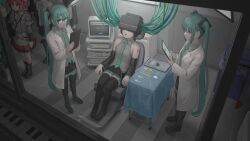  6+girls absurdres aqua_eyes aqua_hair aqua_nails aqua_necktie black_boots black_skirt black_sleeves blood blood_stain boots commentary_request detached_sleeves drill_hair from_above grey_shirt hatsune_miku highres kasane_teto lab_coat lamp long_hair monitor multiple_girls necktie number_tattoo piano_keys red_eyes red_hair red_skirt red_trimred_hair scenery shirt skirt sleeveless sleeveless_shirt tadanotarosuke tattoo tile_floor tiles trash_can twin_drills twintails very_long_hair vocaloid wire 