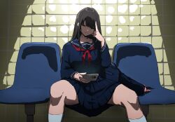  1girl absurdres bag black_hair blue_bag blue_sailor_collar blue_serafuku blue_shirt blue_skirt cellphone chair collarbone commentary daydarion english_commentary highres holding holding_phone kneehighs long_hair looking_at_viewer neckerchief on_chair original phone pleated_skirt red_neckerchief sailor_collar school_uniform serafuku shirt sitting skirt smartphone socks solo tile_wall tiles white_socks 