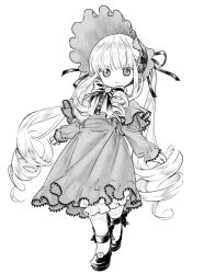 1girl bloomers blunt_bangs bonnet capelet commentary_request doll dress drill_hair expressionless flower_ornament footwear_ribbon frilled_dress frills greyscale juliet_sleeves kari_(kakko_k) lolita_fashion long_hair long_sleeves looking_at_viewer low_twintails mary_janes monochrome pantyhose puffy_sleeves ribbon rozen_maiden shinku shoes solo standing twin_drills twintails white_background 